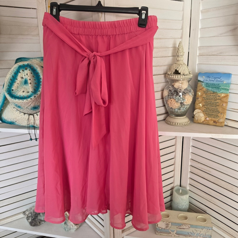 Flint & Moss Pink Chiffon Midi Skirt Size Small Elastic Waist Tie Belt Flowy
